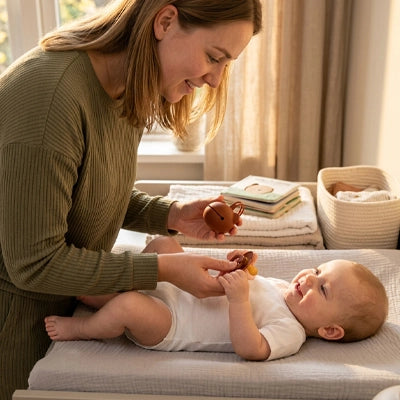 bébé sourit en regardant sa boite a tetine