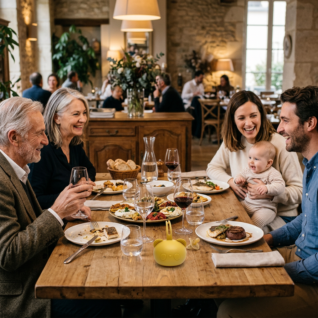boite à tétine en forme d'ours posée sur la table au restaurant