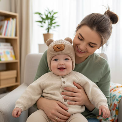 bébé à coté de maman avec son bonnet bebe