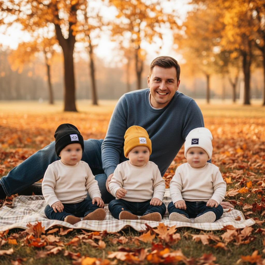 papa avec se triplés au parc qui portent leur bonnet bebe