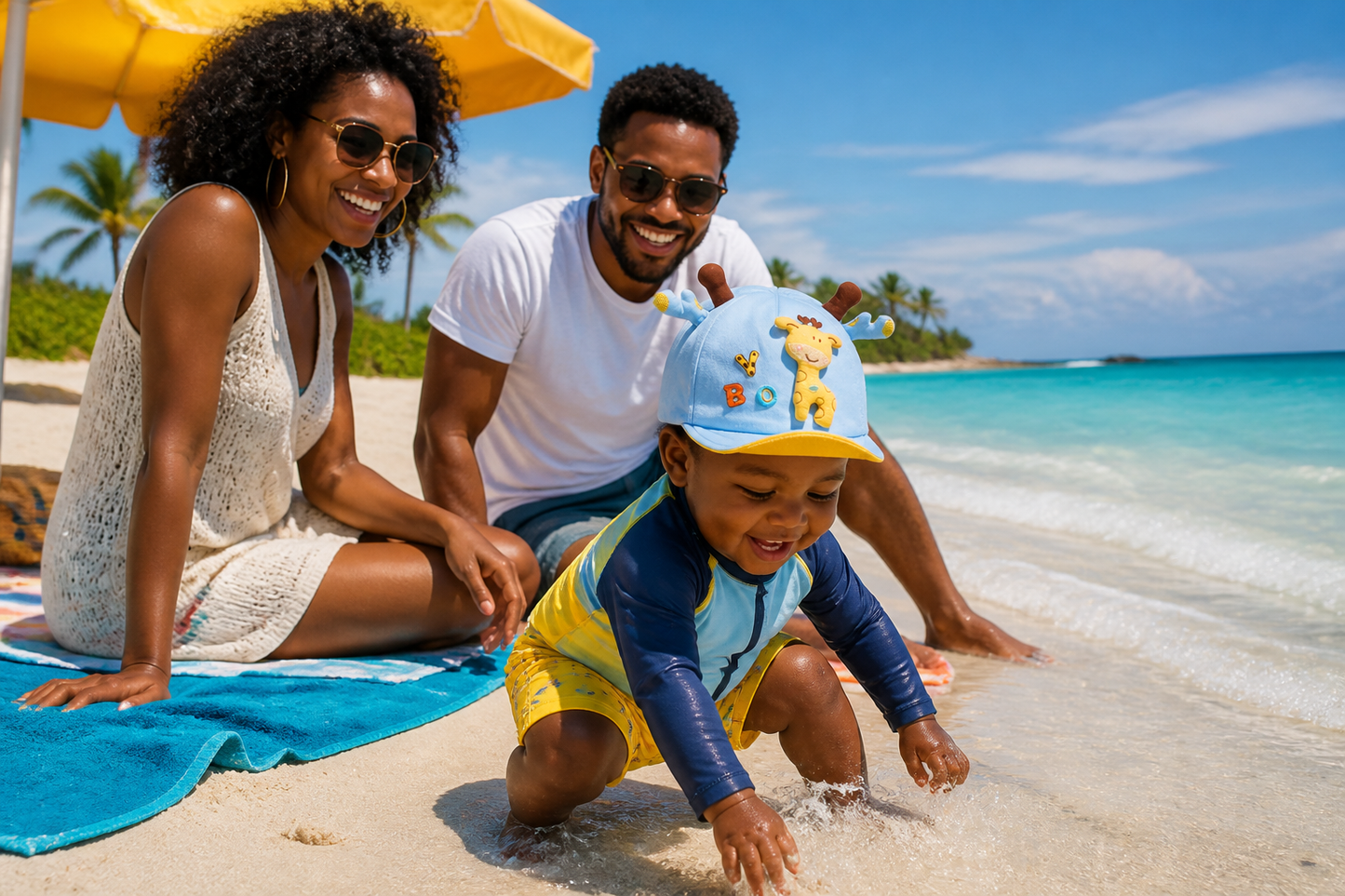 bébé à la plage joue avec l'eau et porte sa casquette bebe girafe
