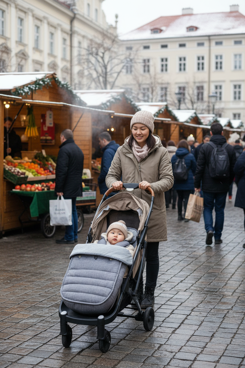 chancelière bébé en promenade avec maman au marché