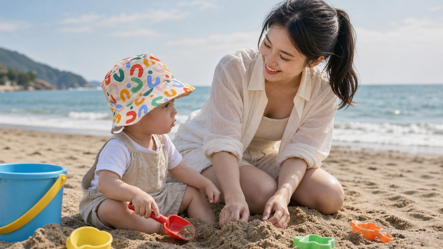 maman à la plage avec bébé qui porte son chapeau bebe cute