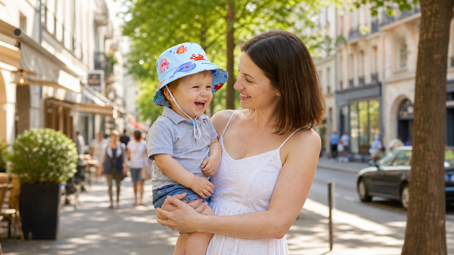 maman porte son bébé et porte un chapeau bébé garçon