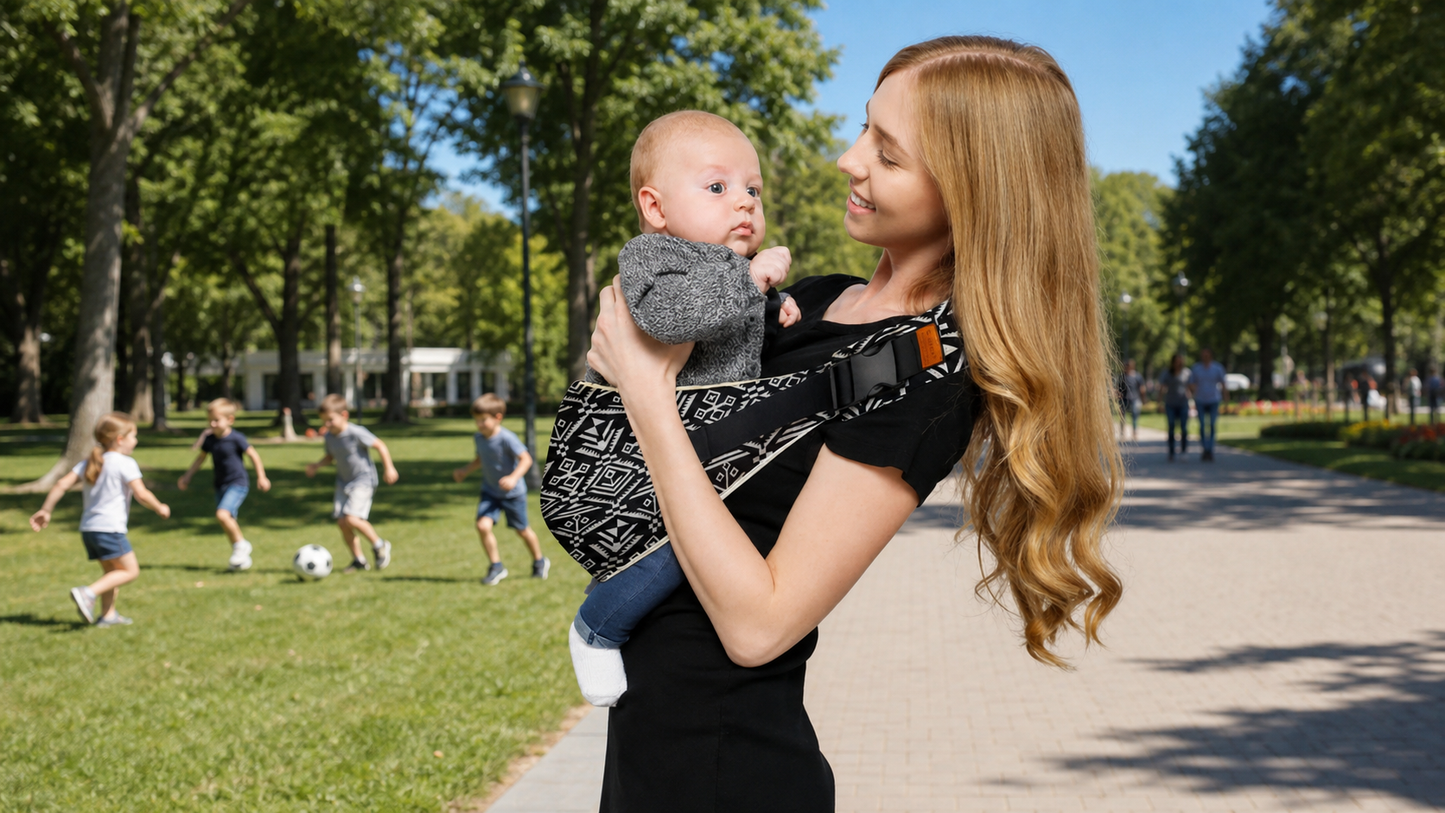 maman porte bébé dans son écharpe de portage bébé au parc