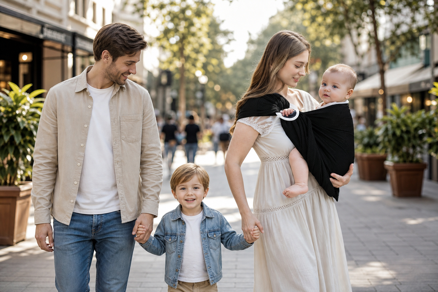 maman en ville en famille et porte son bébé dans son echarpe de portage sling