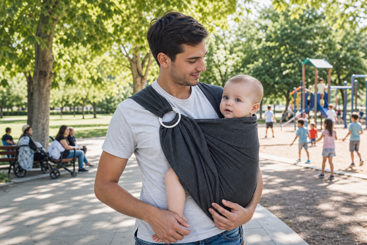 papa porte bébé dans son echarpe de portage sling