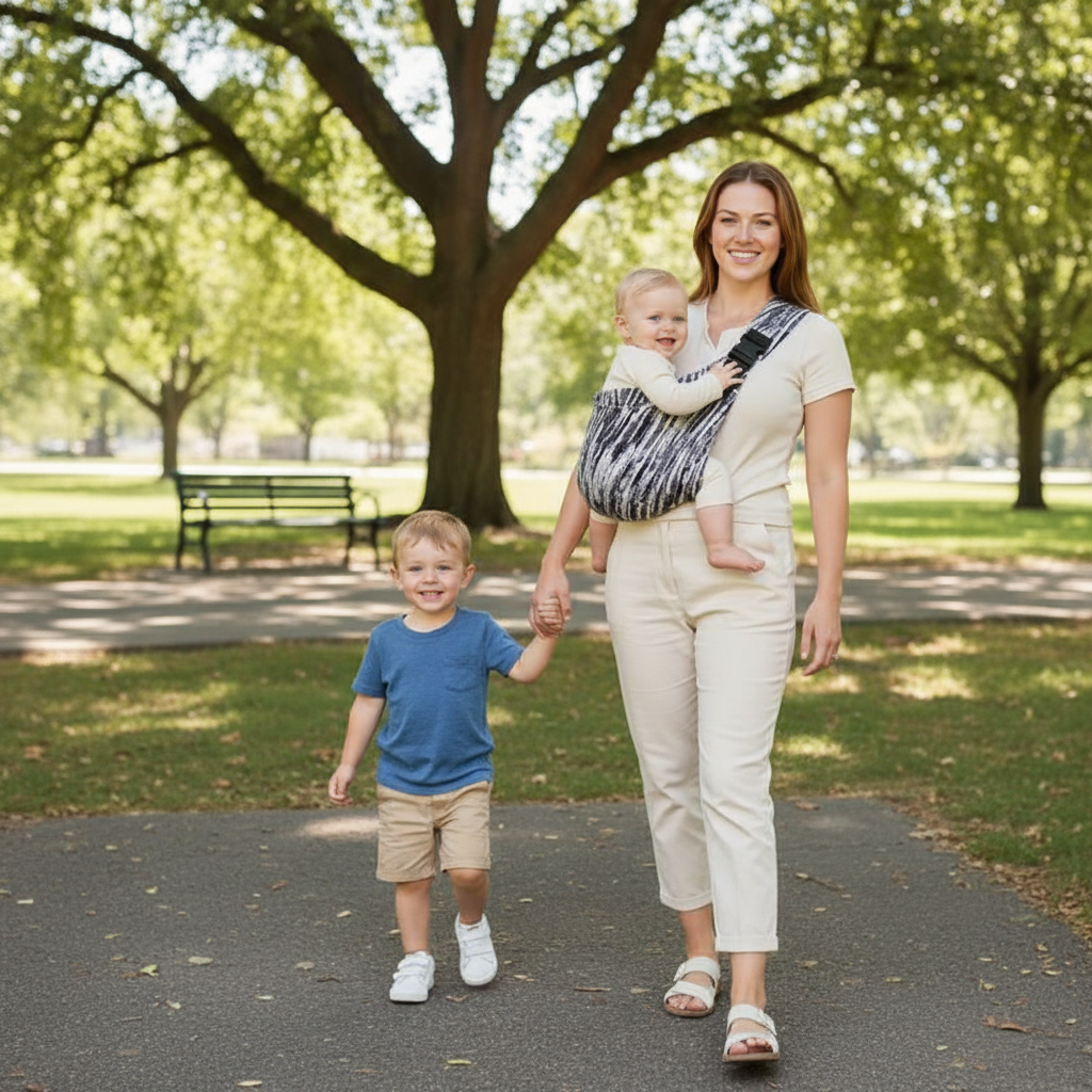 Echarpe de portage en promenade avec bébé et le frÚre ainé