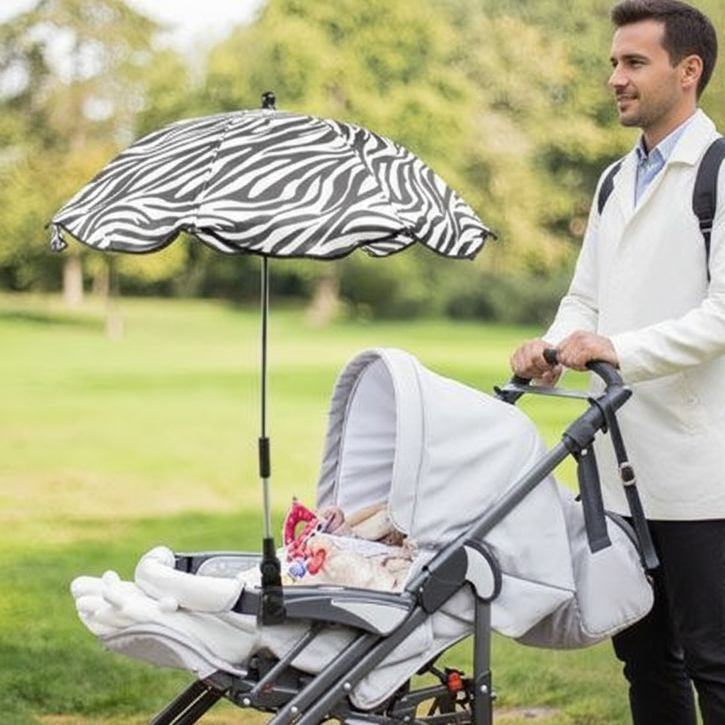 Ombrelle poussette en promenade au parc avec papa