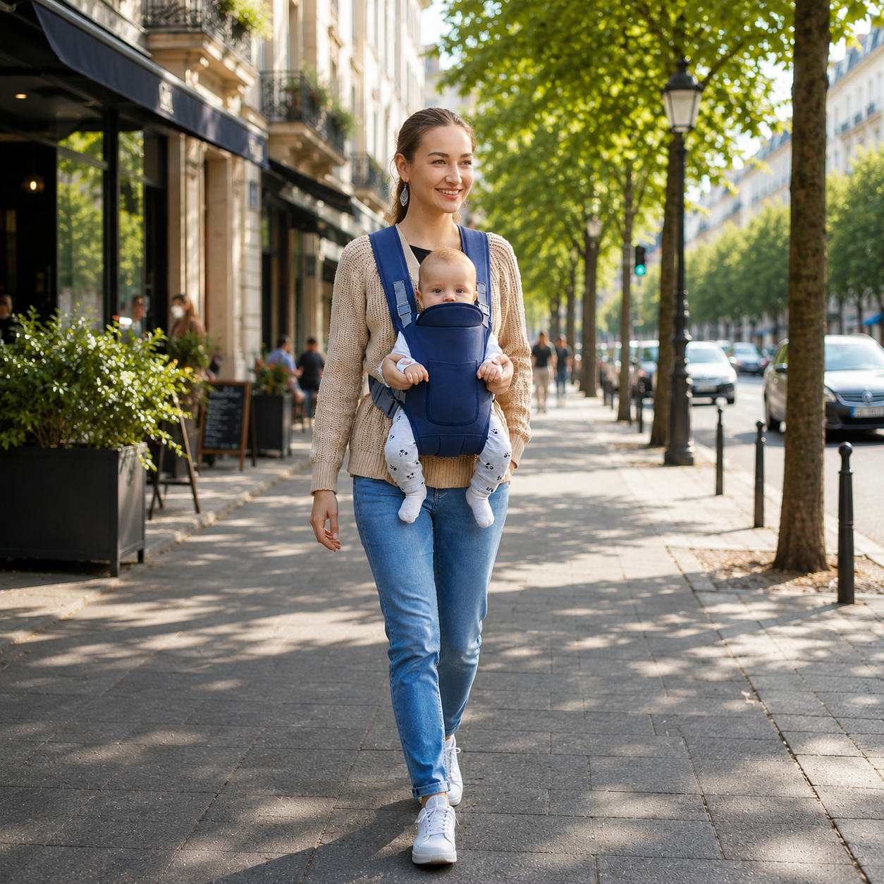 maman se promène en ville avec son petit dans son porte bébé confortable