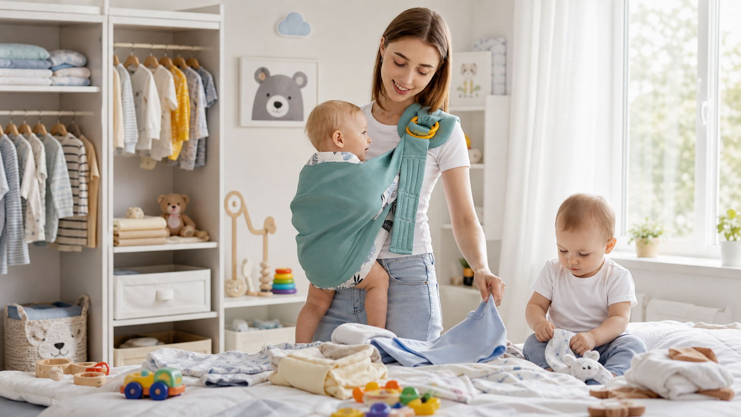 maman porte son bébé dans son sling echarpe de portage et s'occupe de son jumeau