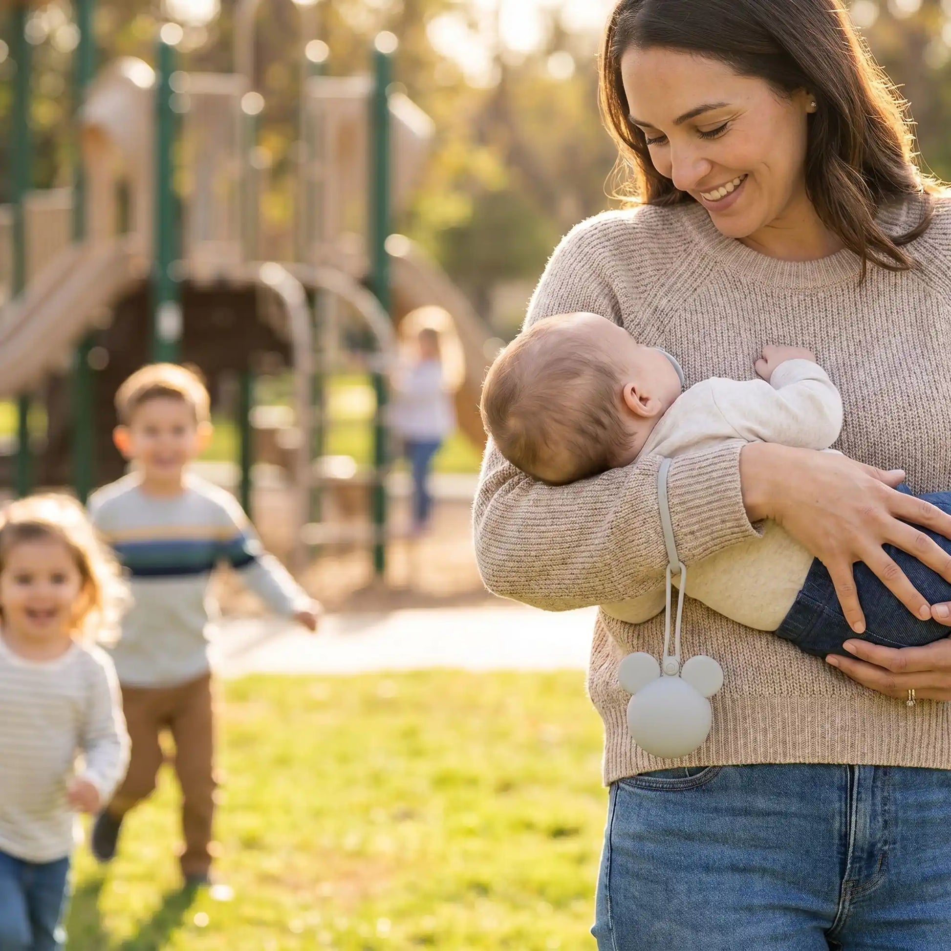 maman porte bébé et sa boite à sucette attachée à son poignet