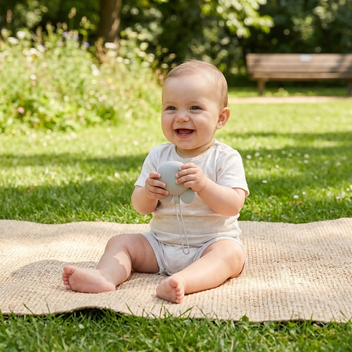 bébé s'amuse en tenant à la main sa boite à sucette