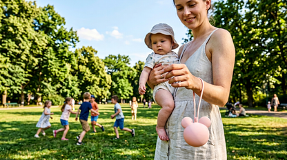 maman porte bébé et sa boite à sucette accrochée à son poignet