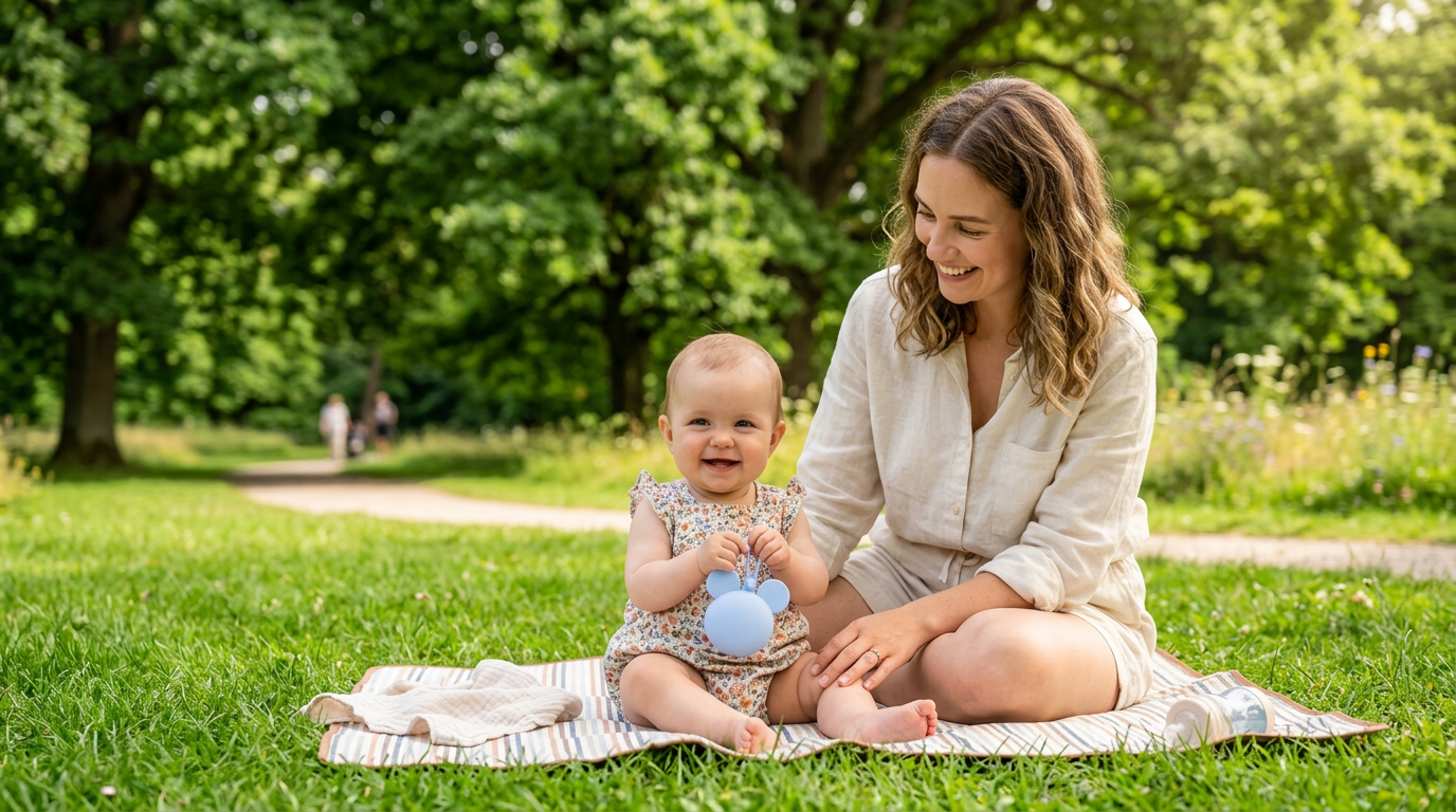 maman au par avec bébé qui tient sa boite à sucette
