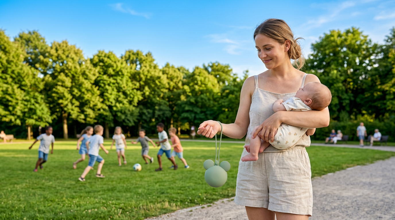 maman et bébé en promenade et la boite à sucette attachée à son poignet