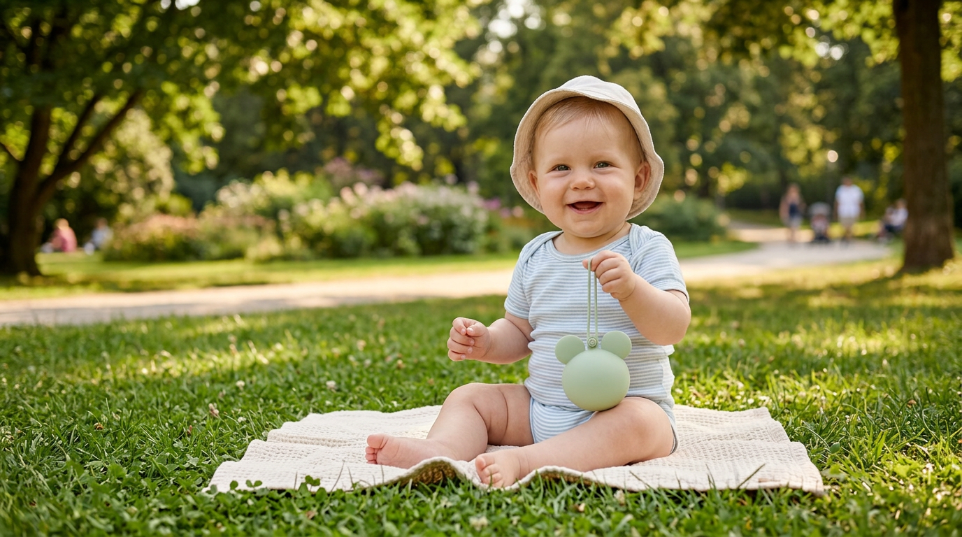 bébé au parc s'amuse avec sa boite à sucette