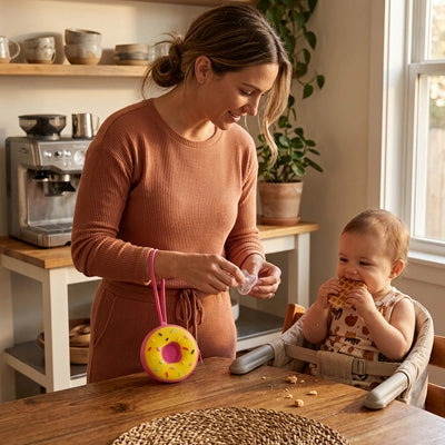 maman avec bébé et la boite a tetine  - donuts attachée à son poignet