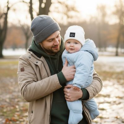 papa porte bébé au parc qui porte son bonnet bebe
