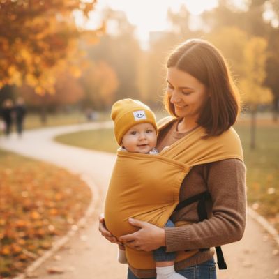 maman porte bébé au parc qui porte son bonnet bebe