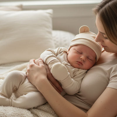 bébé endormi avec maman avec son bonnet bébé naissance