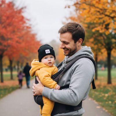 papa porte bébé au parc qui porte son bonnet bebe