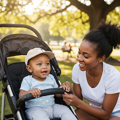 bébé dans sa poussette et porte sa casquette bebe