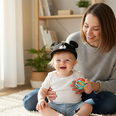 maman à coté de bébé qui porte sa casquette bebe