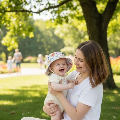 maman au parc avec bébé qui porte son joli chapeau bebe blanc fleuri