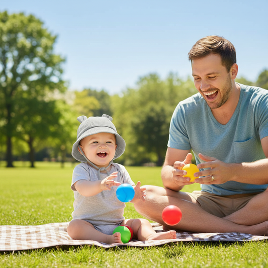 bébé joue avec papa au parc protégé du soleil par son chapeau bébé