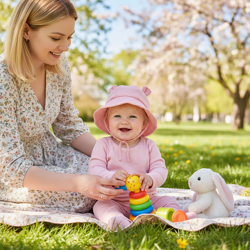 bébé joue avec maman au parc protégé du soleil par son chapeau bébé