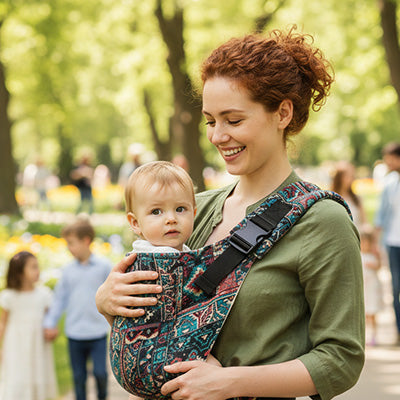 Echarpe de portage au parc avec bebe