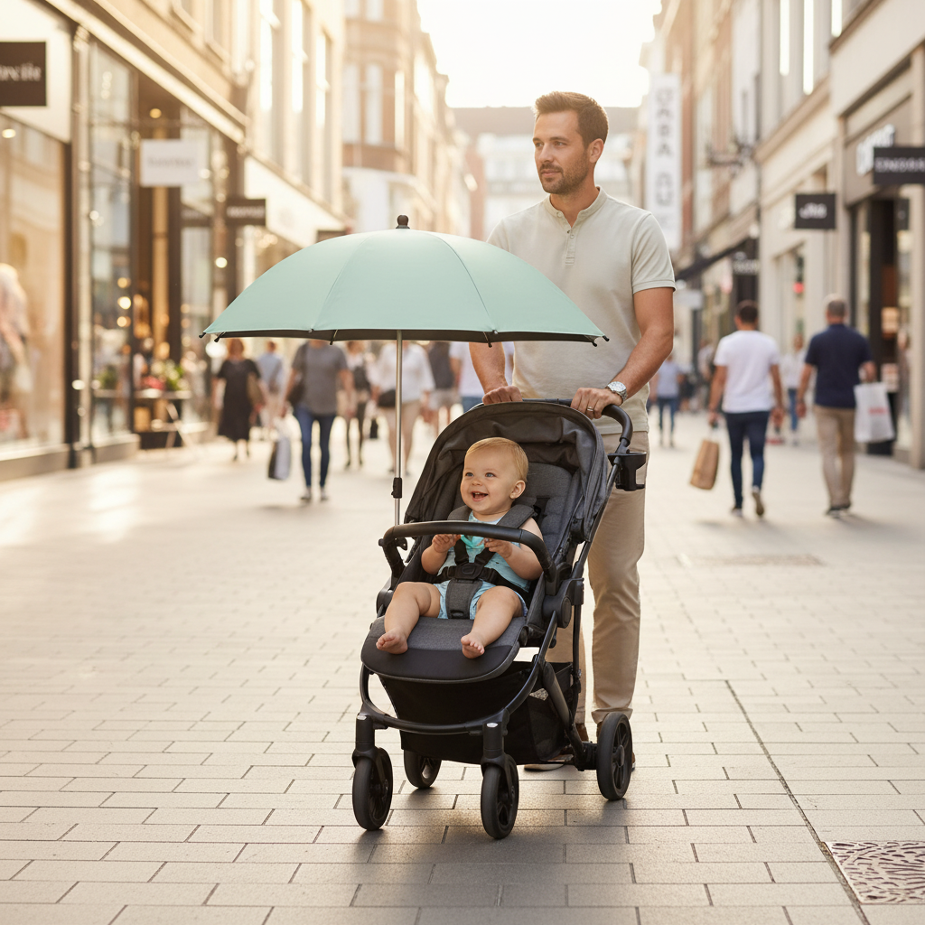 Ombrelle pour poussette bébé en promenade avec papa