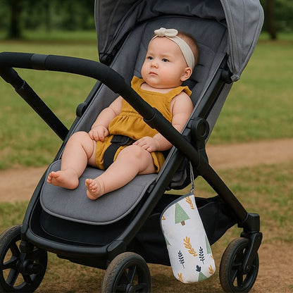 bébé dans sa poussette et le porte biberon accroché à la poussette