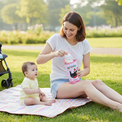 maman au parc avec bébé et le porte biberon