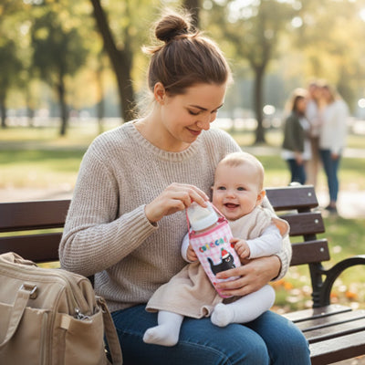 bébé va boire son biberon dans son porte biberon