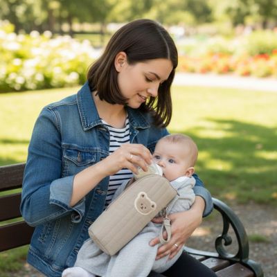 bébé boit son lait bien chaud dans le porte biberon