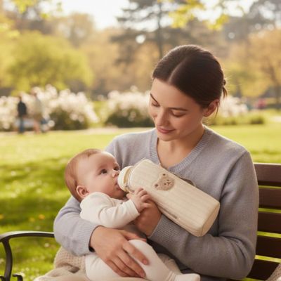 bébé boit son lait bien chaud dans le porte biberon