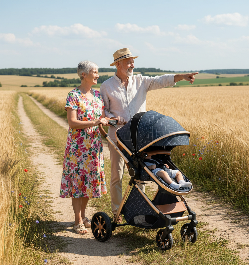 bébé dans sa poussette 3 en 1 avec papi et mami à la campagne