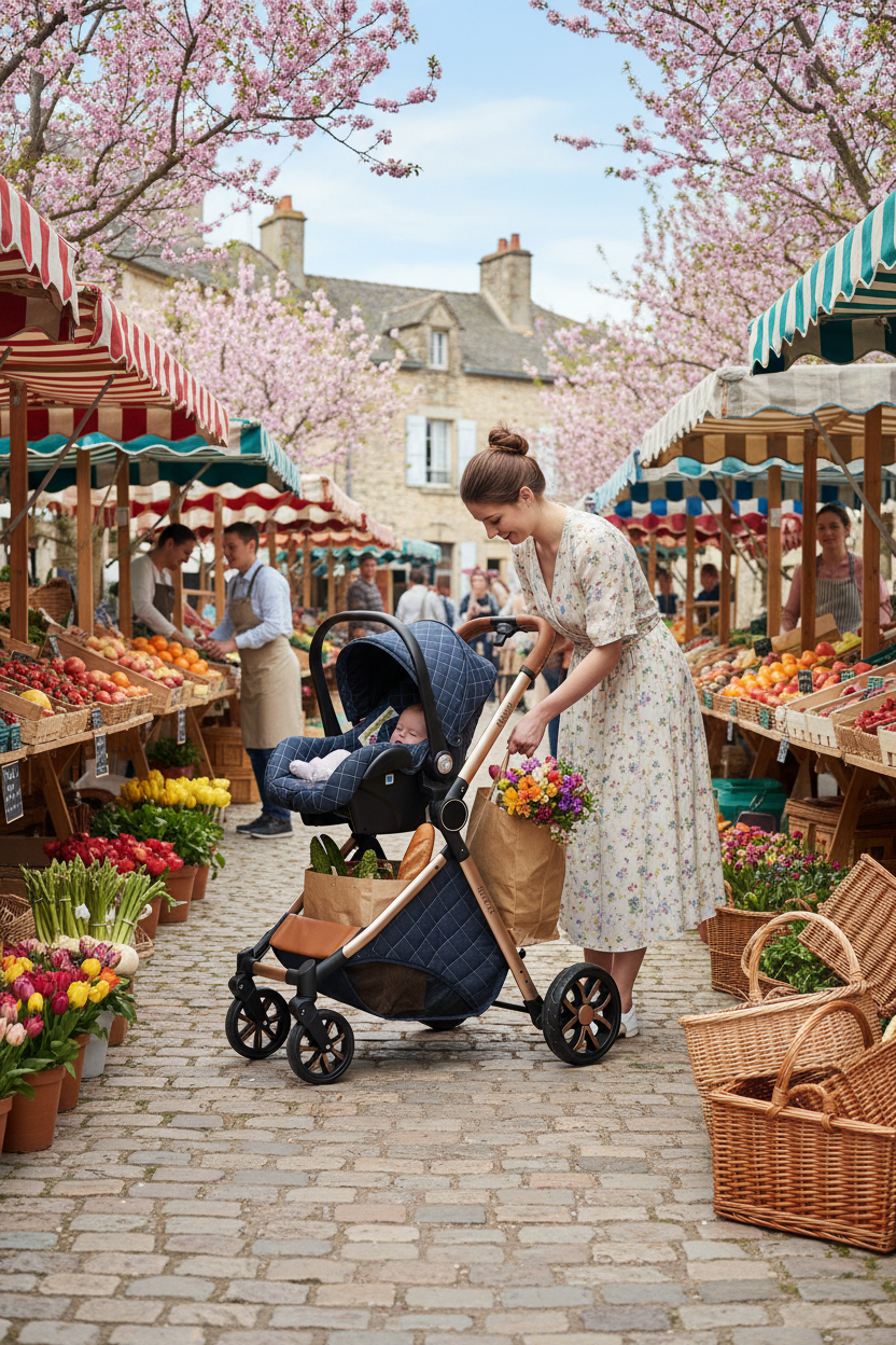 maman au marché avec bébé dans sa poussette 3 en 1