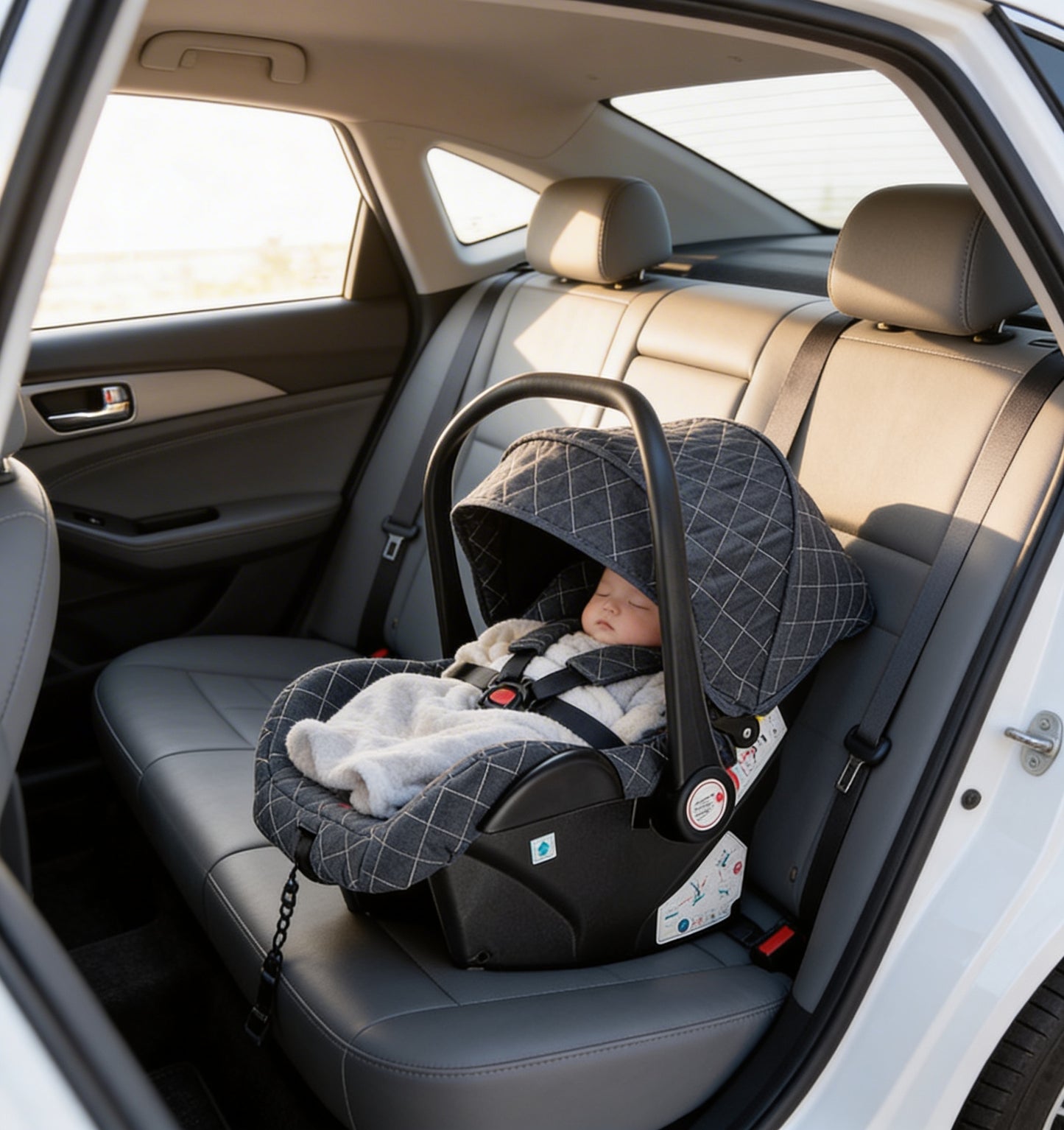 Bébé dans la voiture dans le siège auto de sa poussette 3 en 1