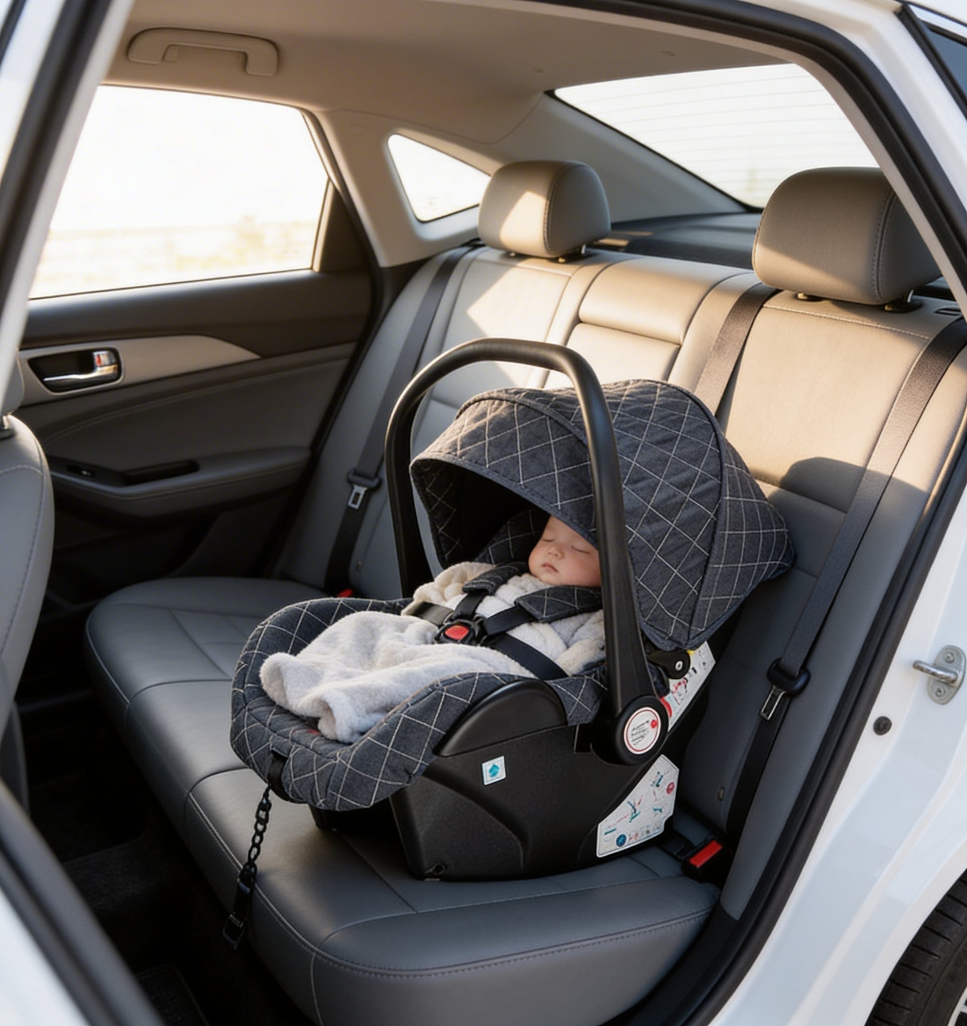 Bébé dans la voiture dans le siège auto de sa poussette 3 en 1