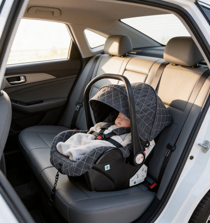 Bébé dans la voiture dans le siège auto de sa poussette 3 en 1
