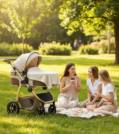 maman prend son café au parc et bébé endormi dans sa poussette 3 en 1