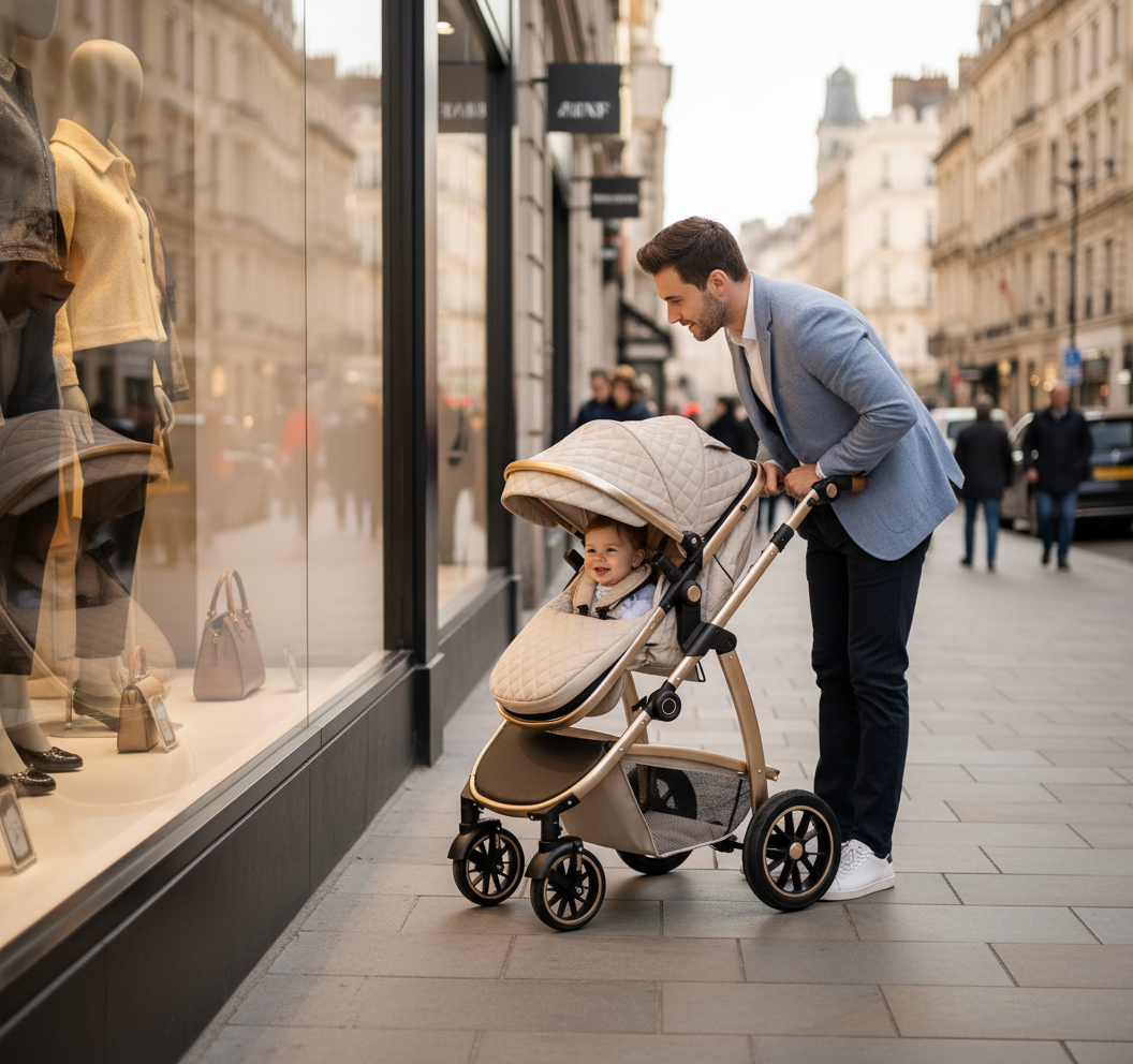 papa fait du shopping avec son bébé dans sa poussette 3 en 1