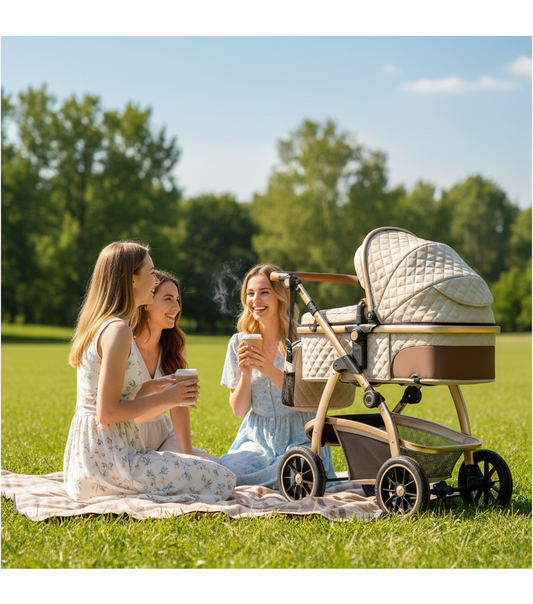 maman prend son café au parc et bébé endormi dans sa poussette 3 en 1