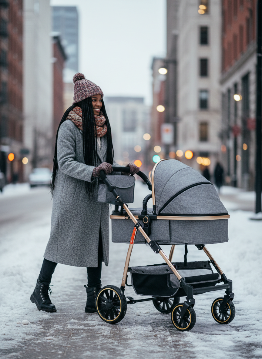 bébé endormi en plein hiver dans sa poussette 3 en 1
