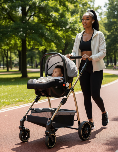 Maman fait son footing au parc et pousse bébé dans sa poussette 3 en 1