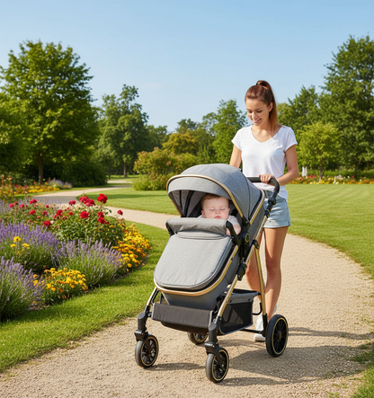 maman se promène au parc avec son bébé dans sa poussette 3 en 1