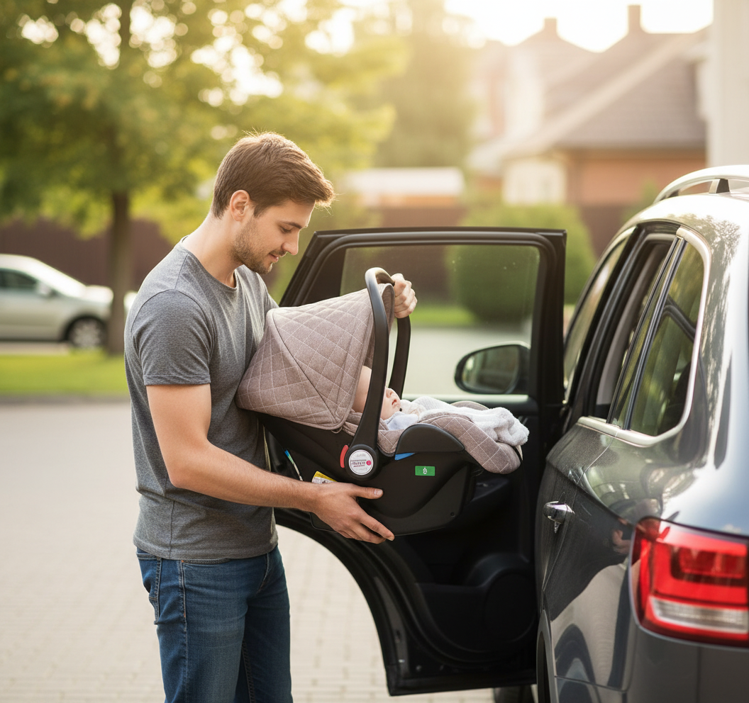 Papa dépose son bébé dans la voiture installé dans le siège auto de sa poussette 3 en 1